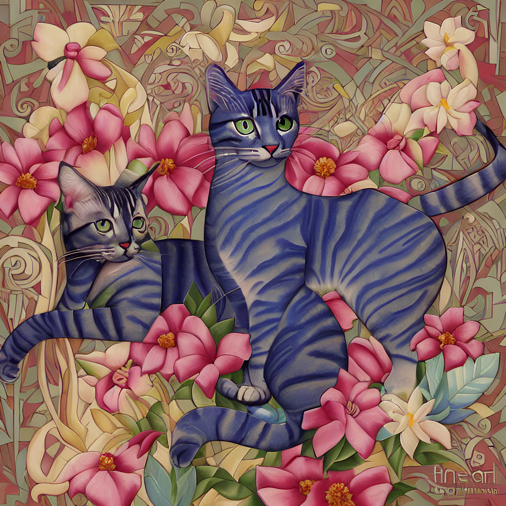 Stylized blue-striped cats in pink floral setting with ornate background