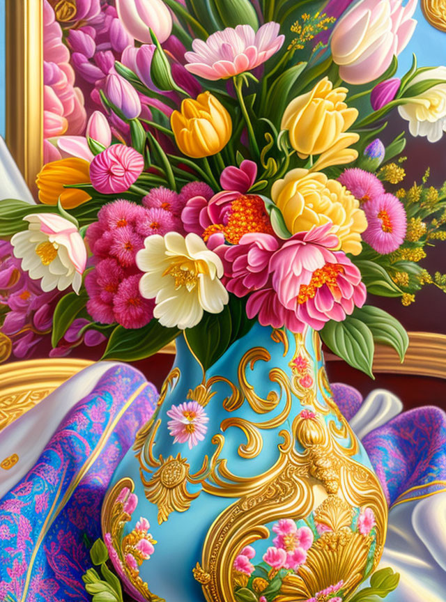 Colorful bouquet of tulips and peonies in blue vase on draped fabric background
