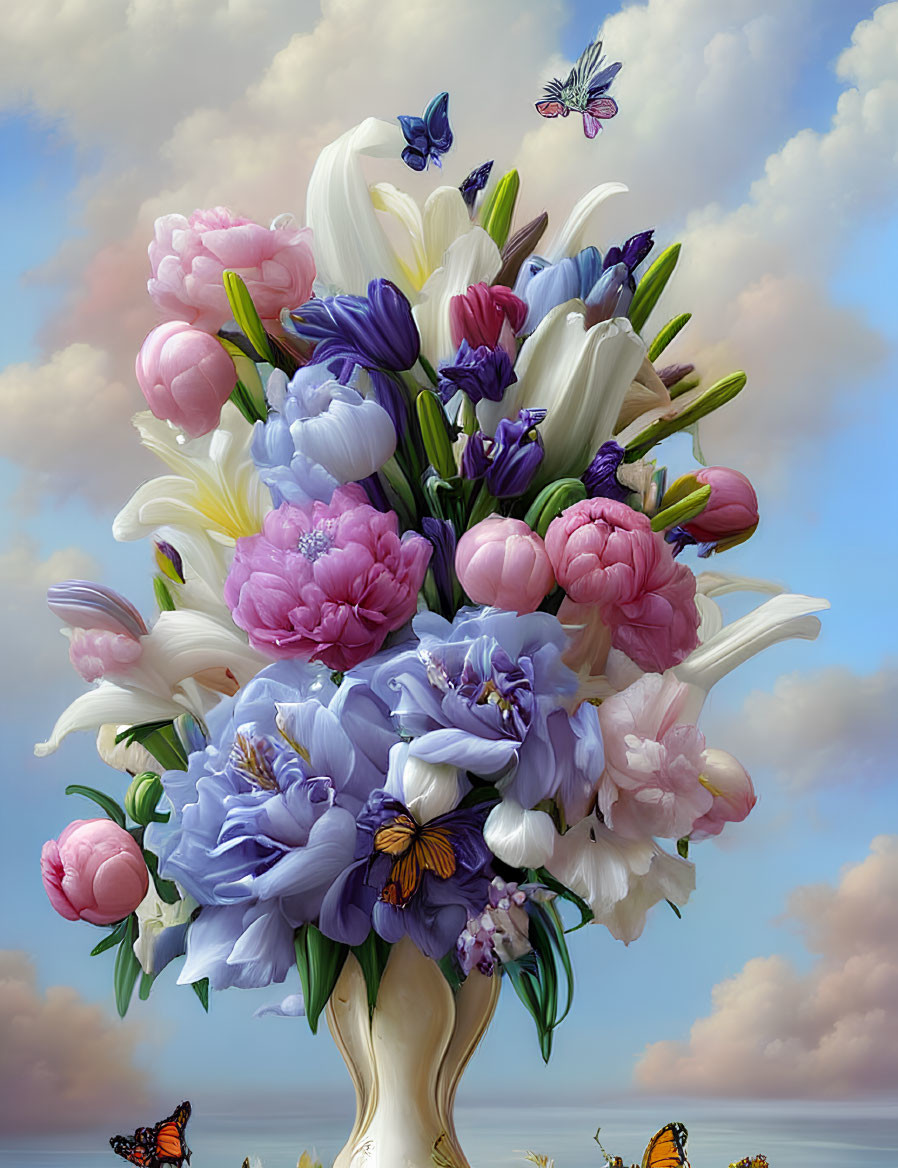 Colorful bouquet of pink peonies and purple irises with butterflies on cloudy background