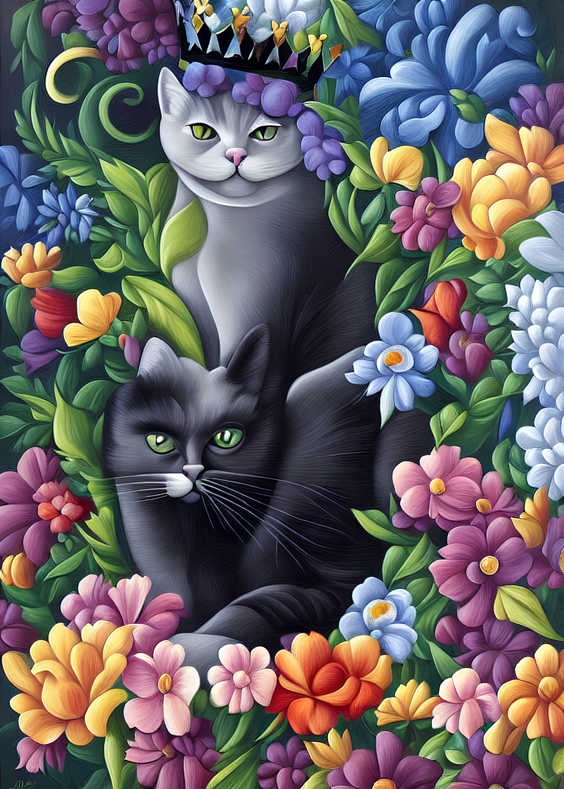 Crowned white cat and black cat surrounded by vibrant flowers
