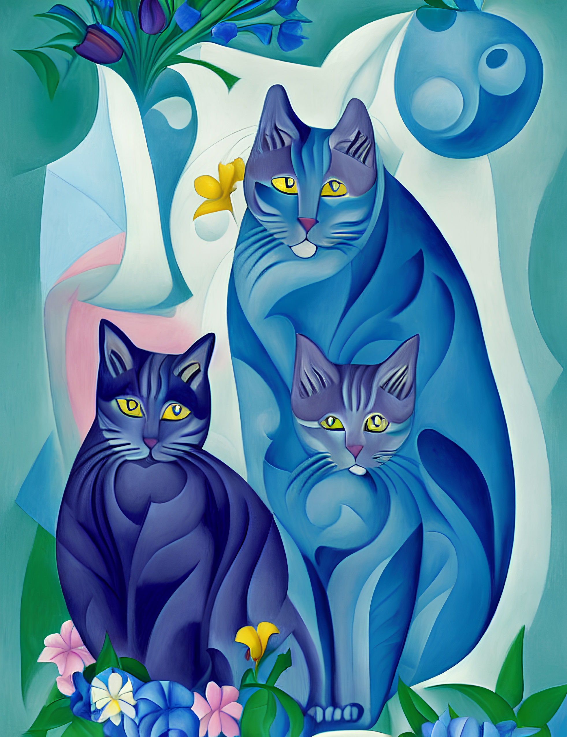 Abstract Blue and Green Cats with Floral Elements