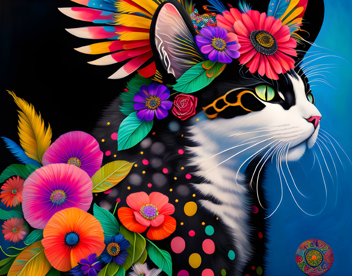 Vibrant cat art with flowers and feathers on dark background