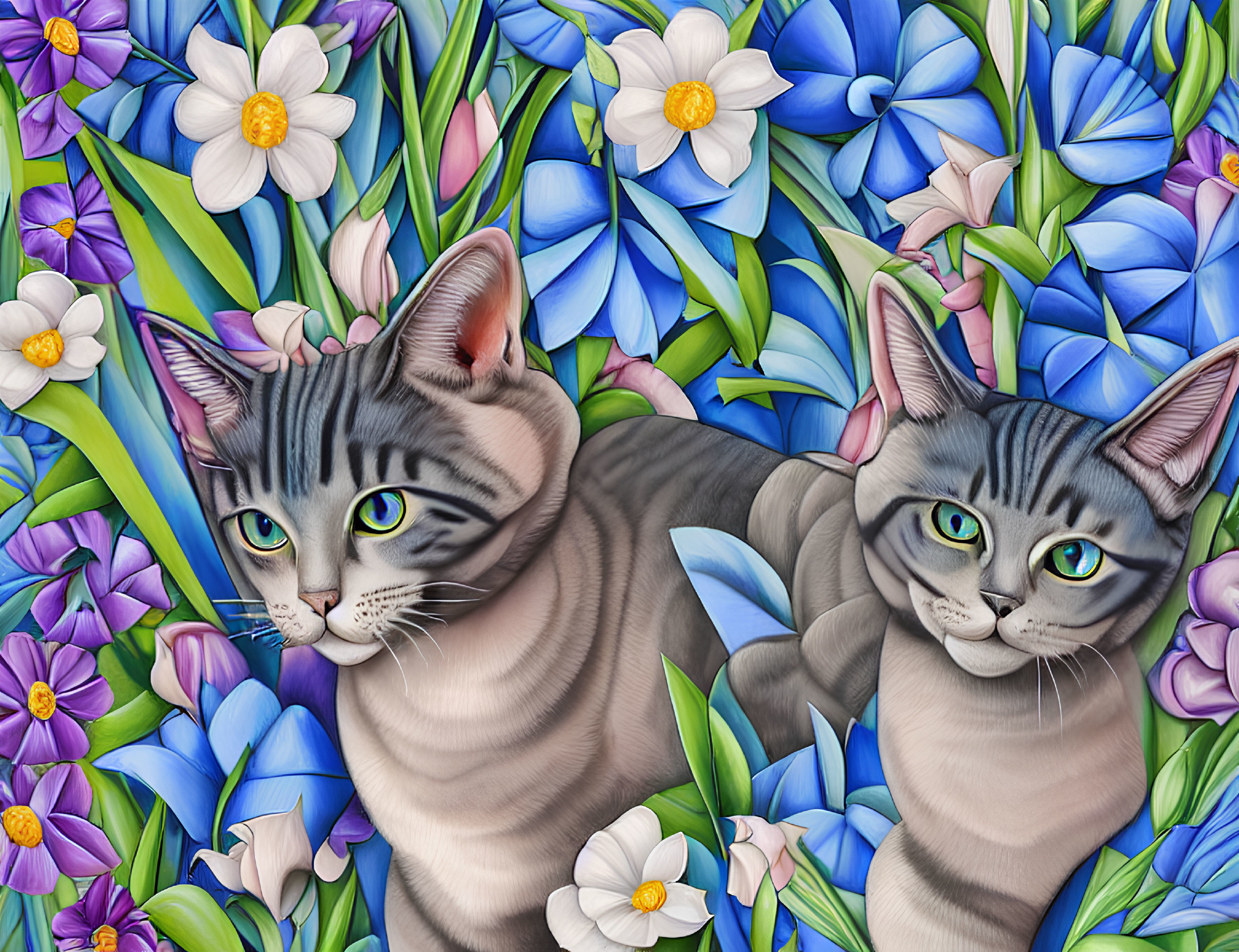 Illustrated grey tabby cats with green eyes in blue and white floral setting