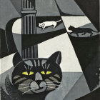 Monochromatic Abstract Art: Large Black Cat and Geometric Shapes