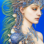 Sea-themed headdress with shells and marine life on woman's head on blue background