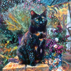 Vibrant illustration of two cats amidst colorful flowers