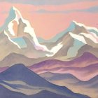 Pastel-colored landscape with layered mountains and glowing sky