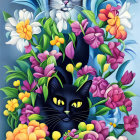 Whimsical black and white cat with crown among vibrant flowers on blue checkered backdrop