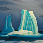 Icy Blue Glaciers Painting with Dark Blue Hills