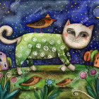 Colorful Illustration: Green-Striped Cat Surrounded by Flowers and Cosmic Elements