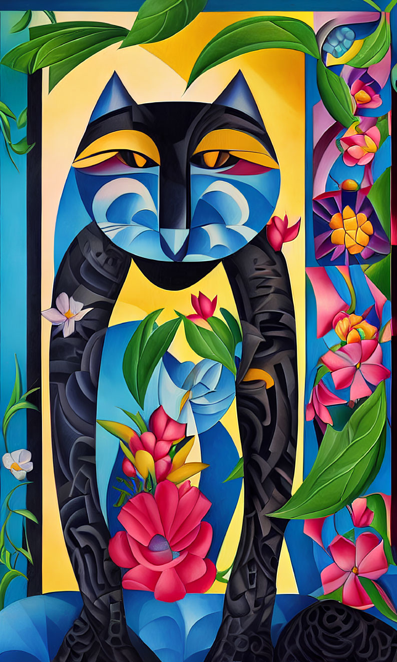 Abstract cat surrounded by vibrant tropical flowers in bold colors