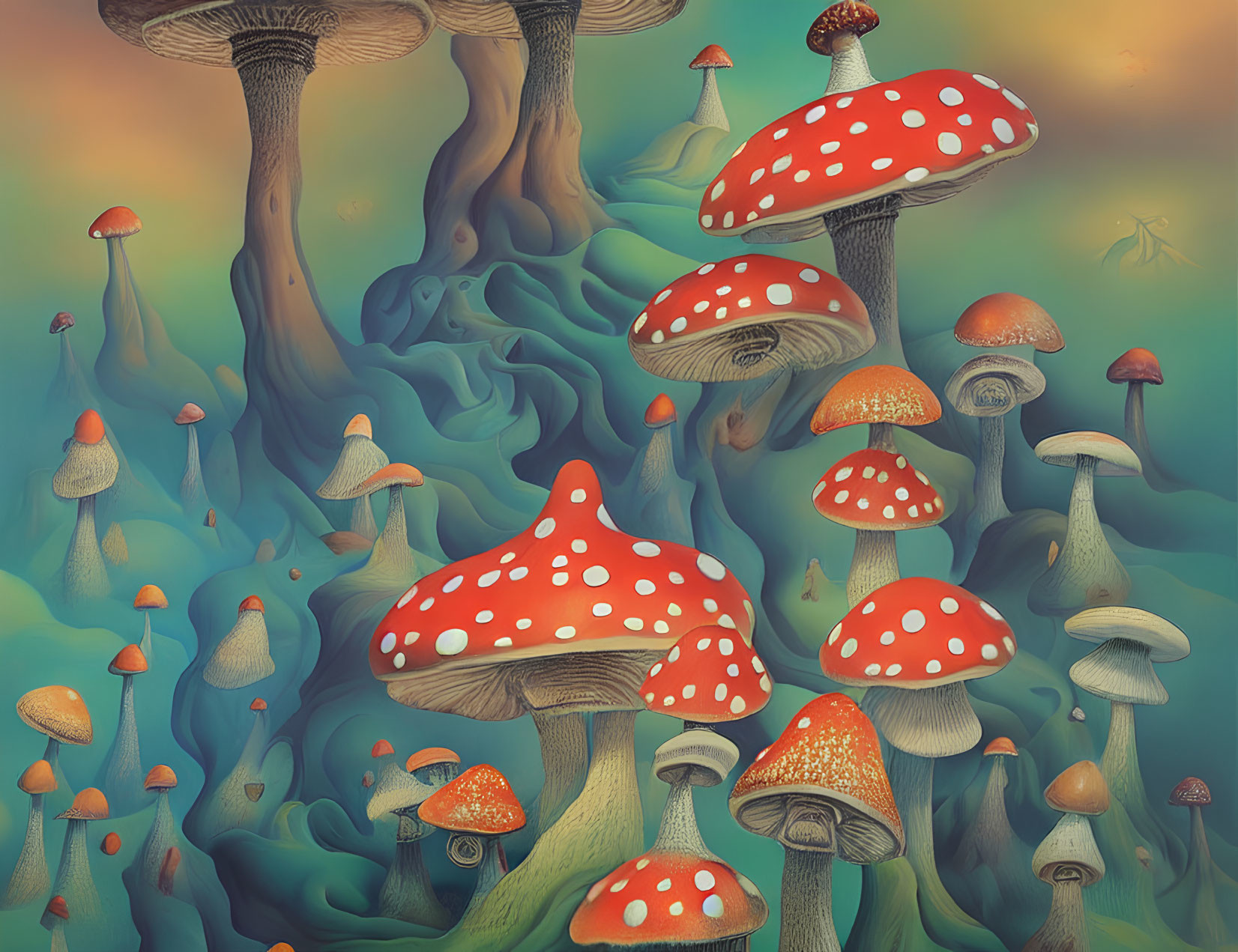 Colorful Mushroom Forest Scene with Twisted Trees and Misty Background