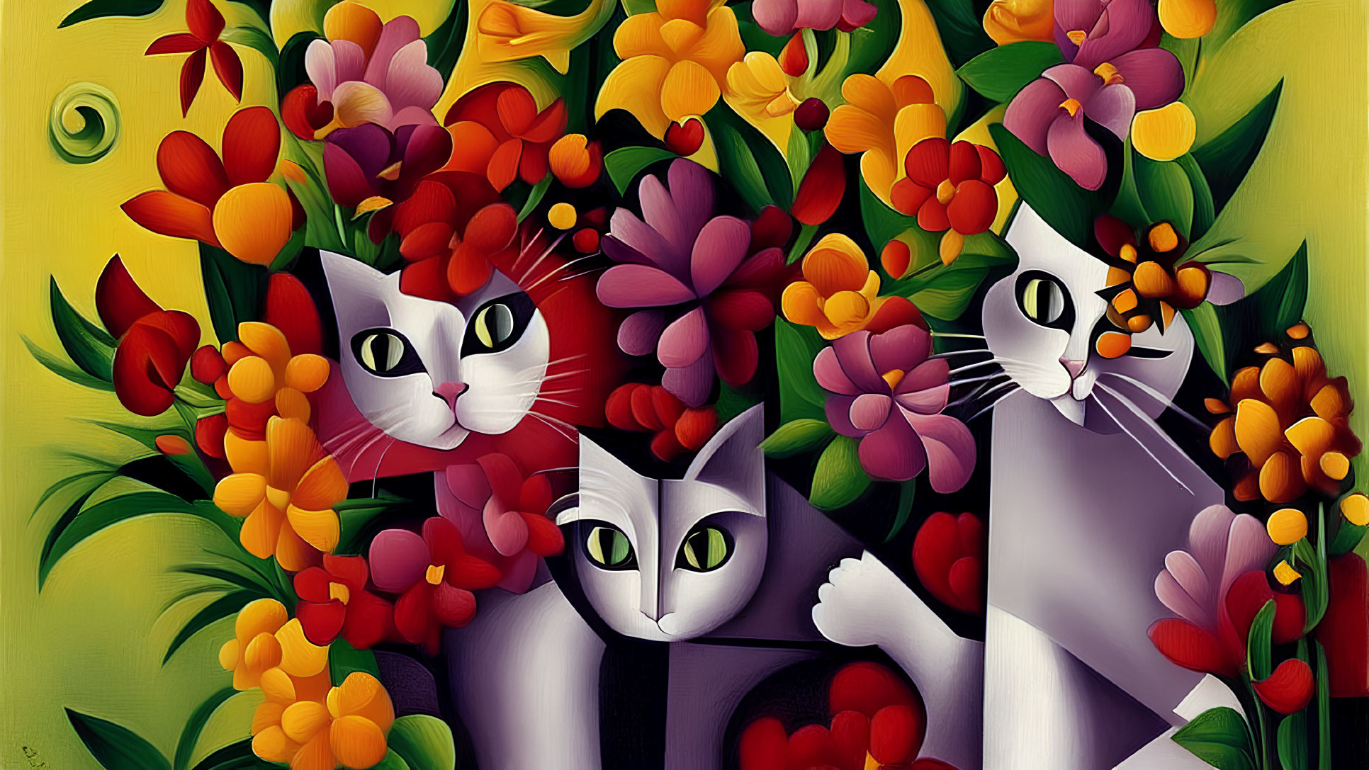 Three stylized cats with expressive eyes in vibrant flowers on yellow background