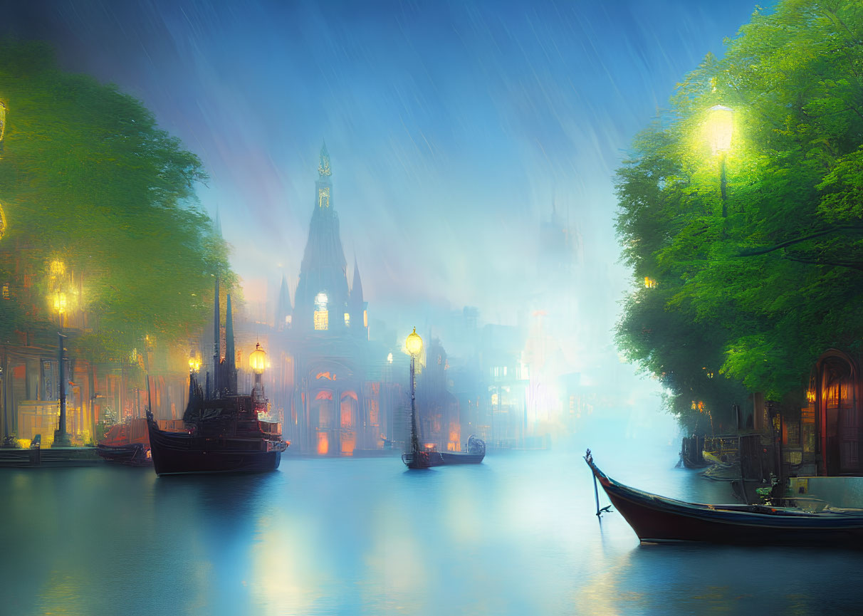 Twilight canal scene with glowing lamps, moored boats, and distant cathedral silhouette.