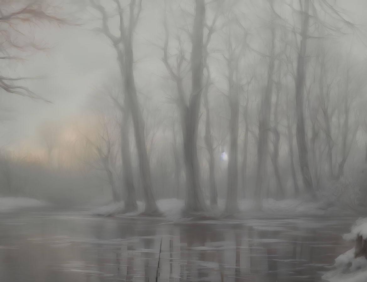 Winter landscape: misty, bare trees, icy water reflection