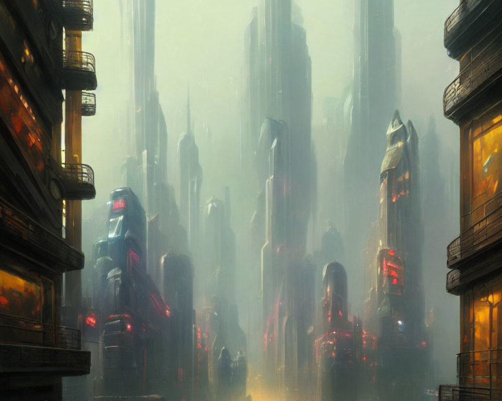 Futuristic cityscape with misty skyscrapers and warm lights