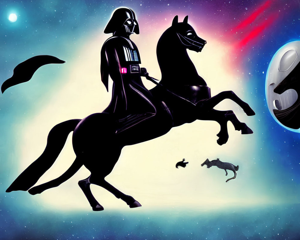 Silhouette of person in Darth Vader costume riding horse in cosmic scene
