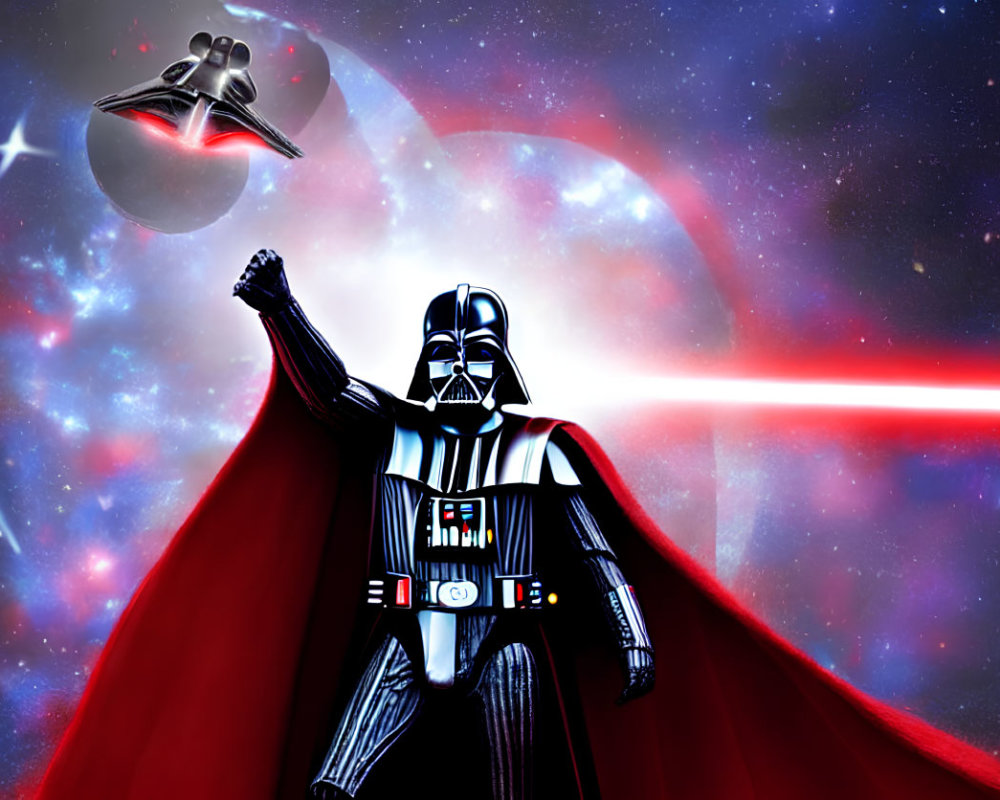 Sci-fi villain in space with lightsaber and Death Star against red nebula