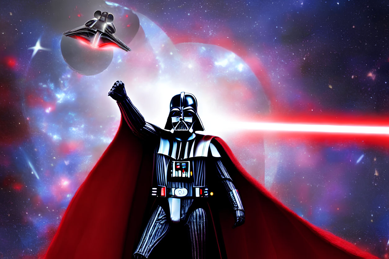 Sci-fi villain in space with lightsaber and Death Star against red nebula