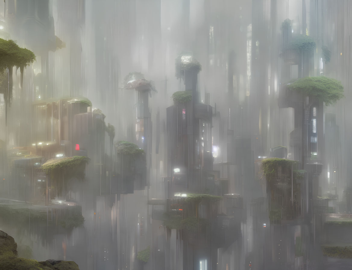 Futuristic cityscape with towering structures and greenery in misty ambiance