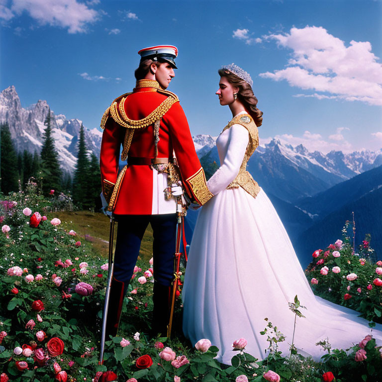 Military man and woman in ceremonial attire surrounded by roses and mountains