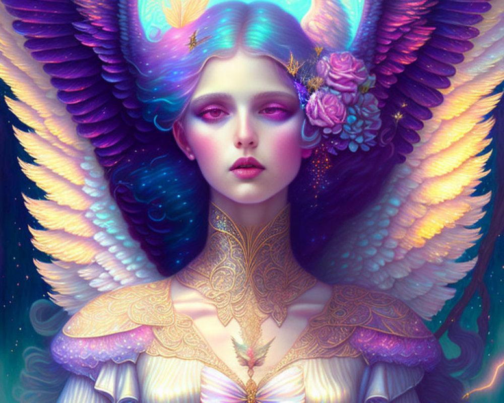 Colorful digital art portrait of a woman with angelic wings and gold patterns.