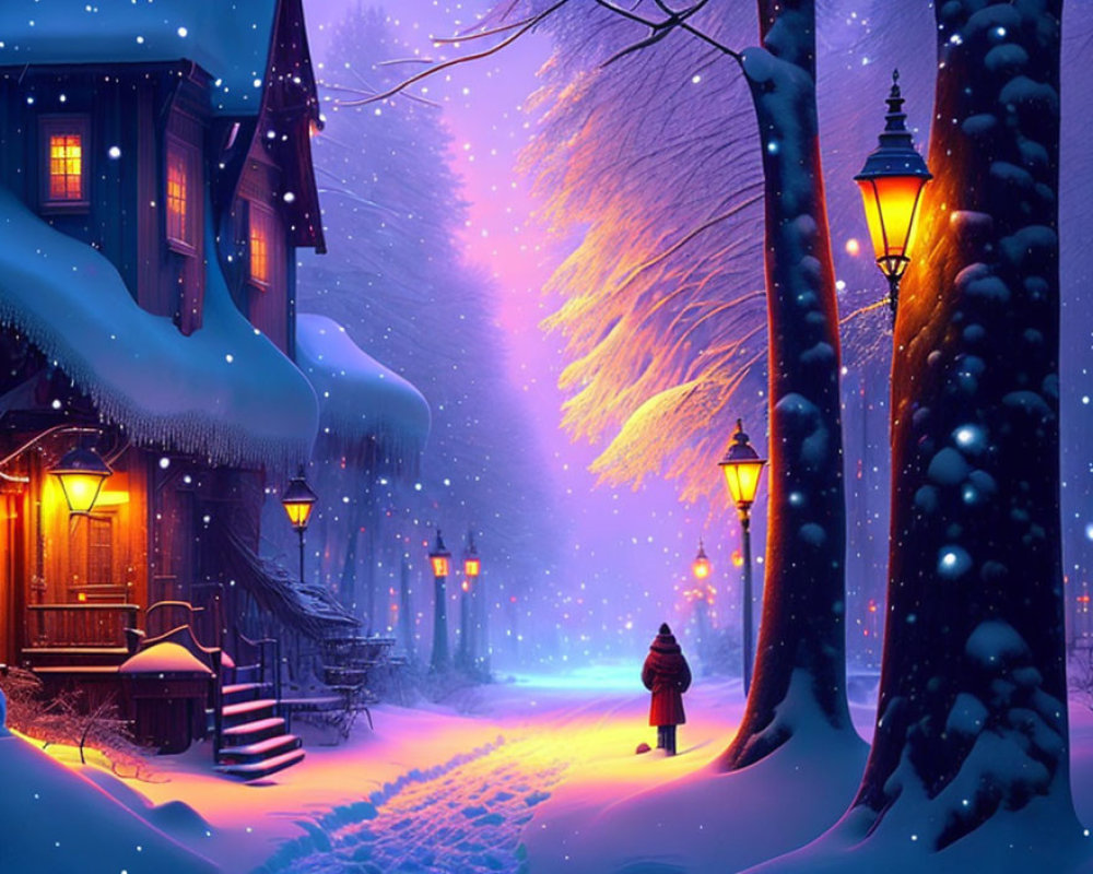 Snowy evening scene with glowing streetlamps, cozy house, and snow-covered trees under purple twilight