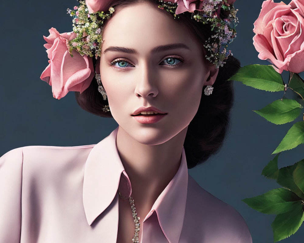 Woman with floral headpiece and blue eyes in pink blouse with diamond accessories, roses in background.