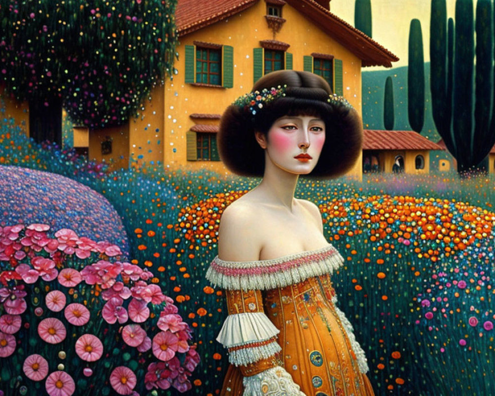 Illustration of woman in fur hat and ornate dress in vibrant, flower-filled landscape