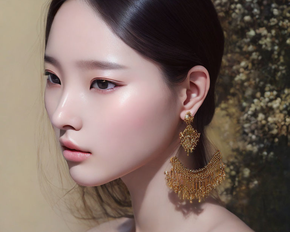Portrait of a woman with smooth skin and dark hair wearing large gold chandelier earrings against a blurred floral