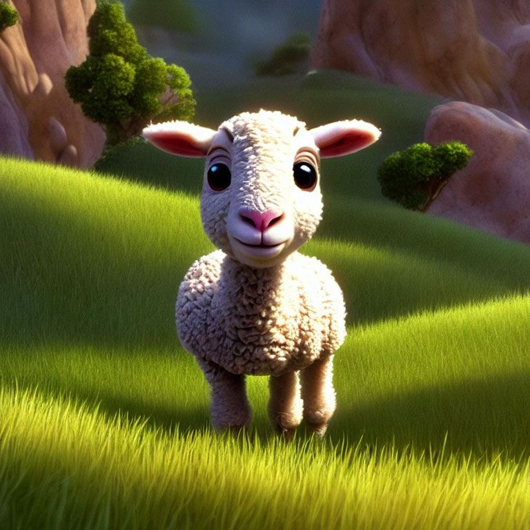 Animated lamb in sunny grass field with trees and rocks