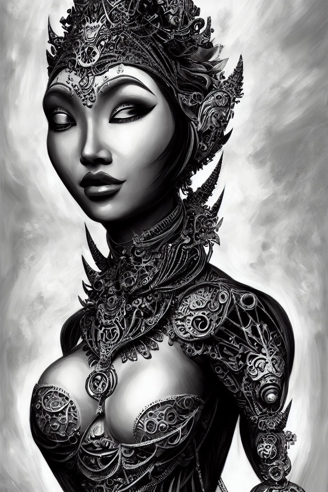Detailed monochrome illustration of a woman in ornate headdress and armor with intricate patterns.