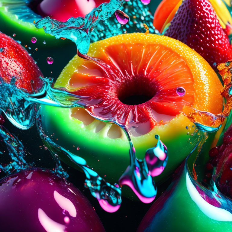 Colorful Fruits and Water Droplets on Dark Background