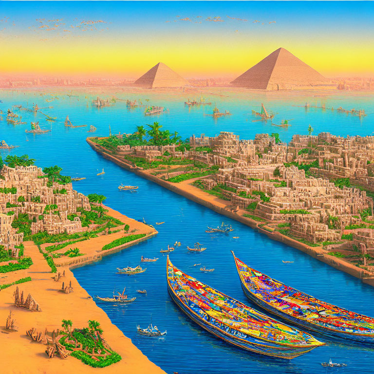 Colorful Nile River scene with traditional boats, cityscape, and pyramids at sunset