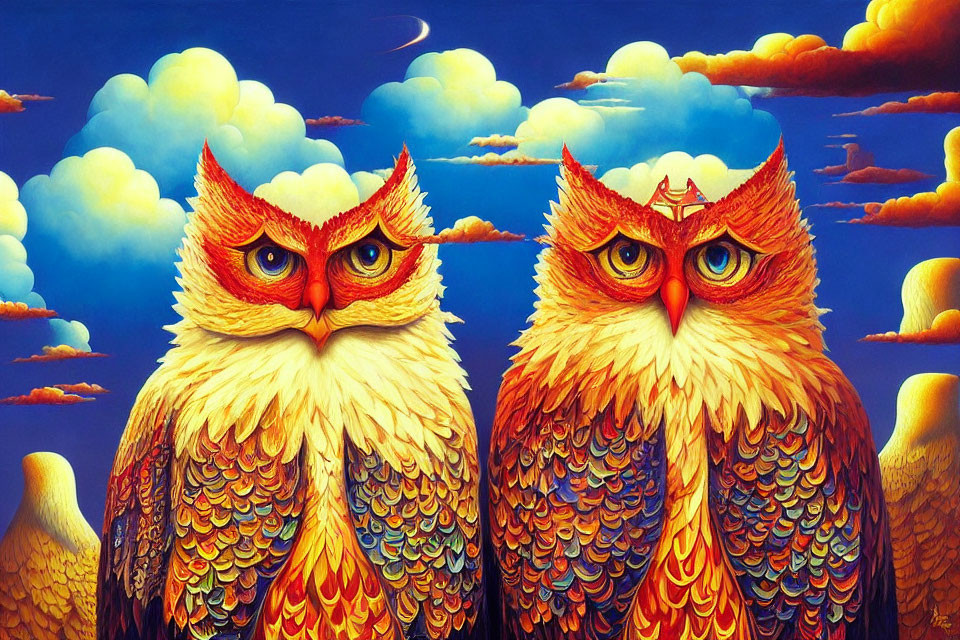 Vibrantly colored stylized owls against surreal sky landscape
