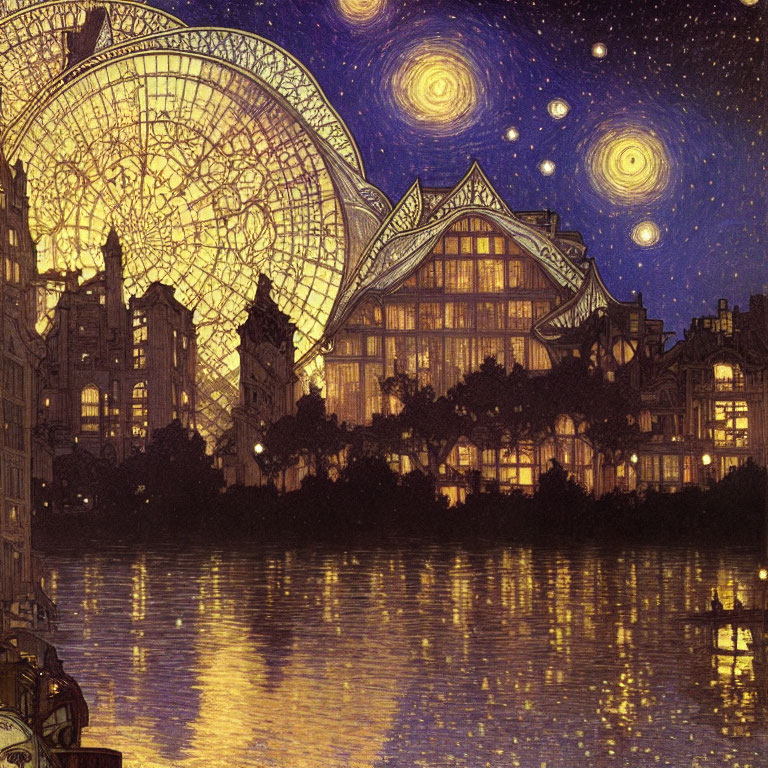 European-Style Cityscape with Ferris Wheel and Starry Night Sky