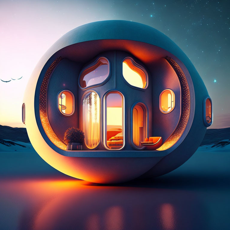 Futuristic spherical home with illuminated windows in twilight sky