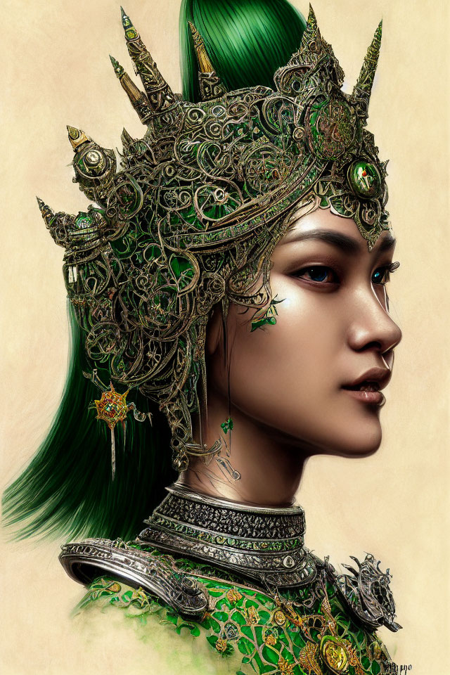 Portrait of a person in ornate green and gold attire with jewel-adorned headgear.