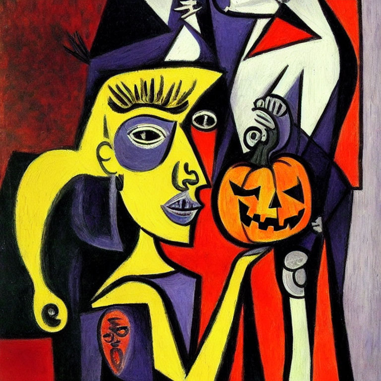 Vibrant abstract painting featuring female figure with pumpkin and geometric shapes