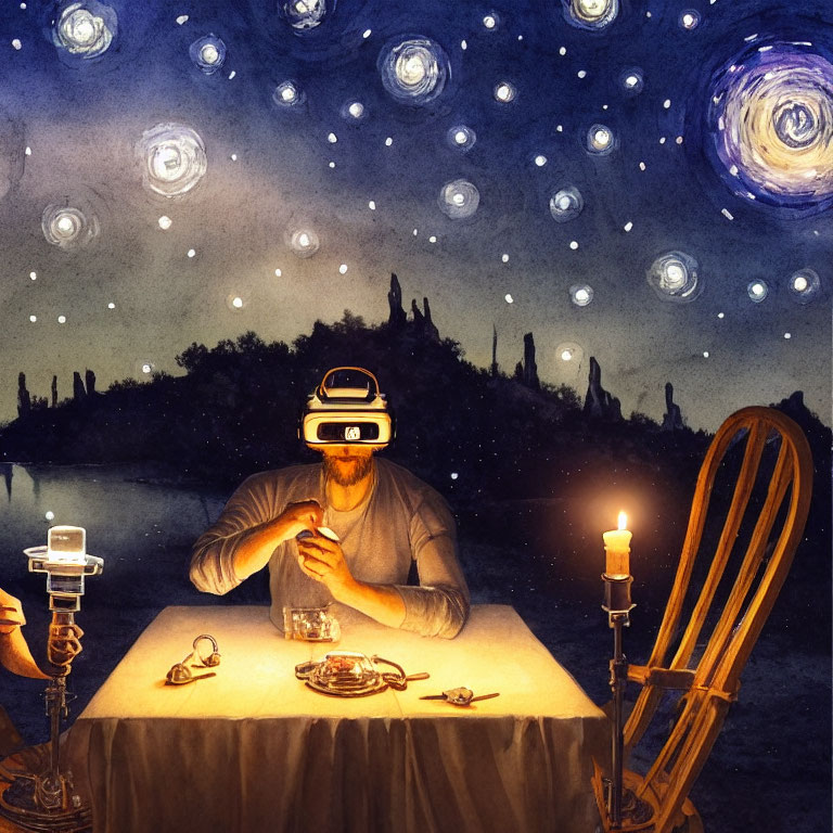 Person in VR headset at table under starry, Van Gogh-inspired night sky
