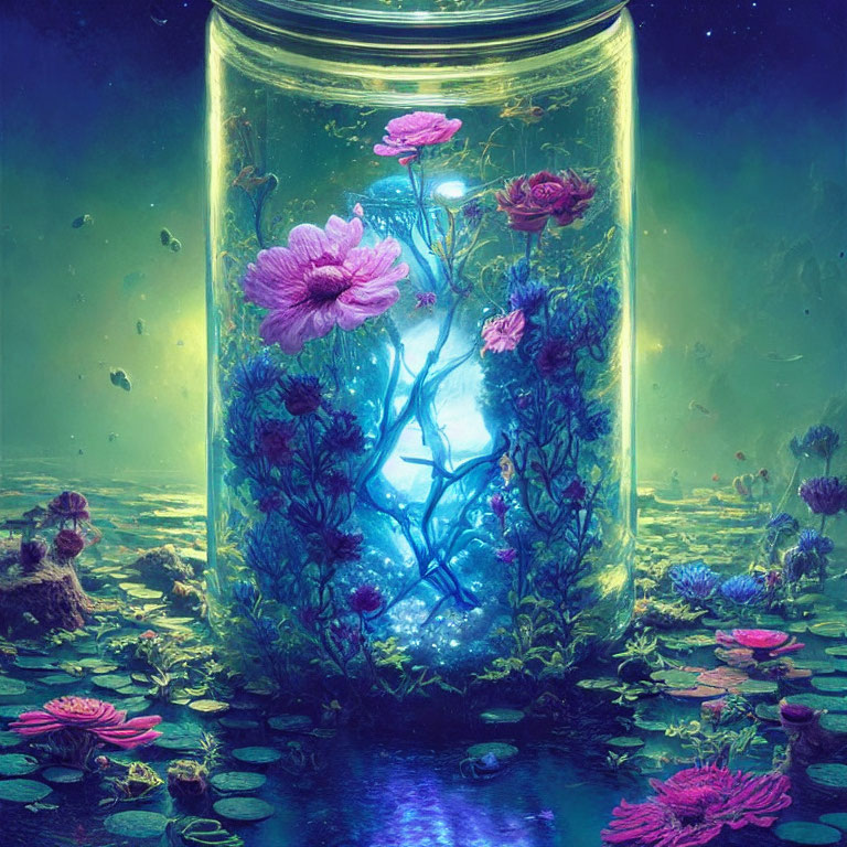 Glowing underwater jar with blooming flowers and plants in serene aquatic setting