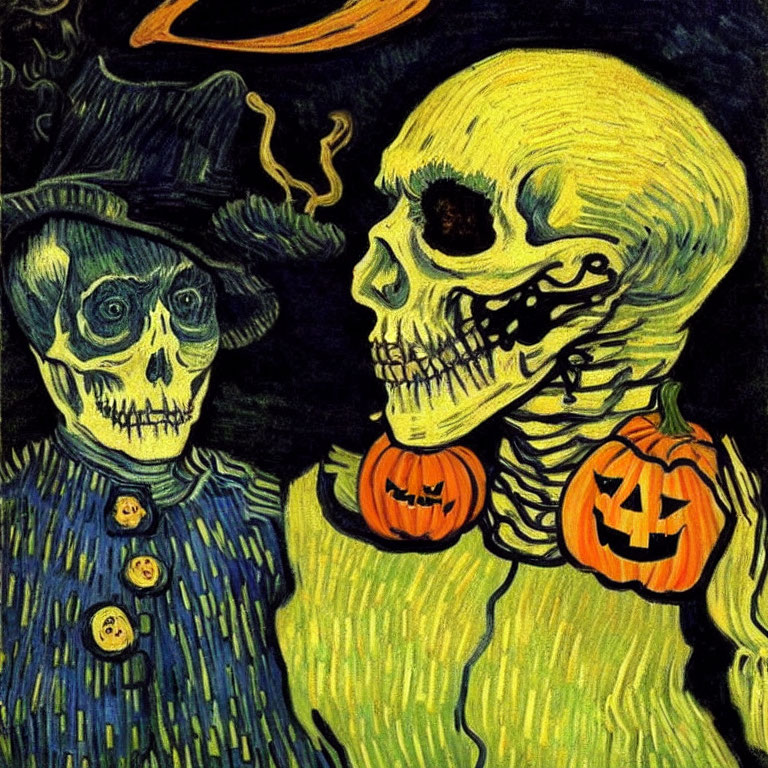Detailed Halloween-themed skeletal figures illustration.