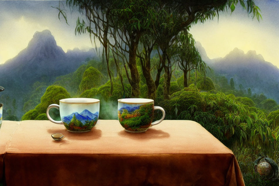 Mountain landscape design cups on table with forested mountain backdrop