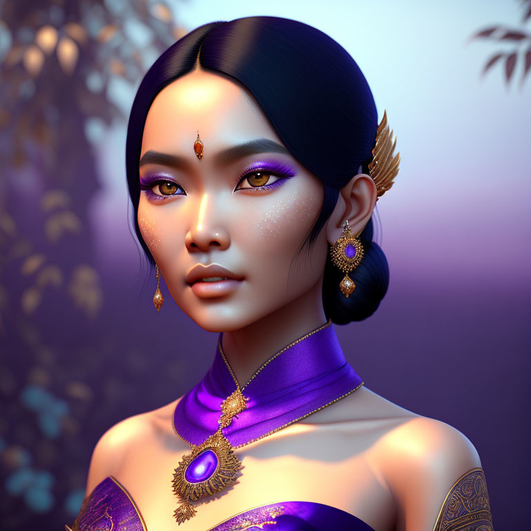 Ethereal woman in purple outfit with golden tattoos and elegant jewelry