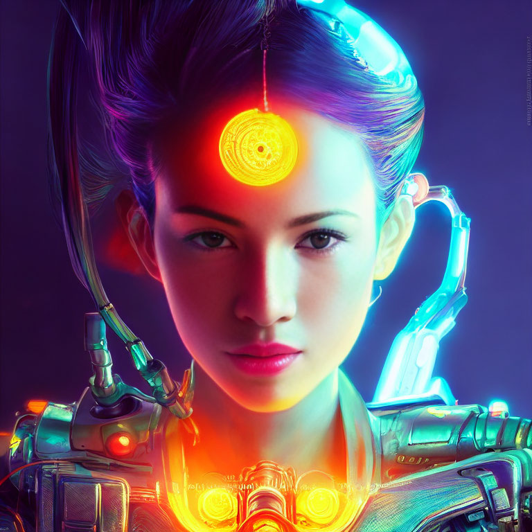 Digital artwork: Woman with cybernetic enhancements and glowing symbol.