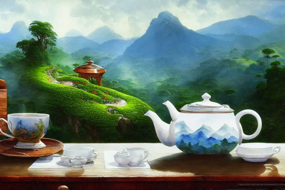 Tea set with whimsical landscape and mountains merging in image