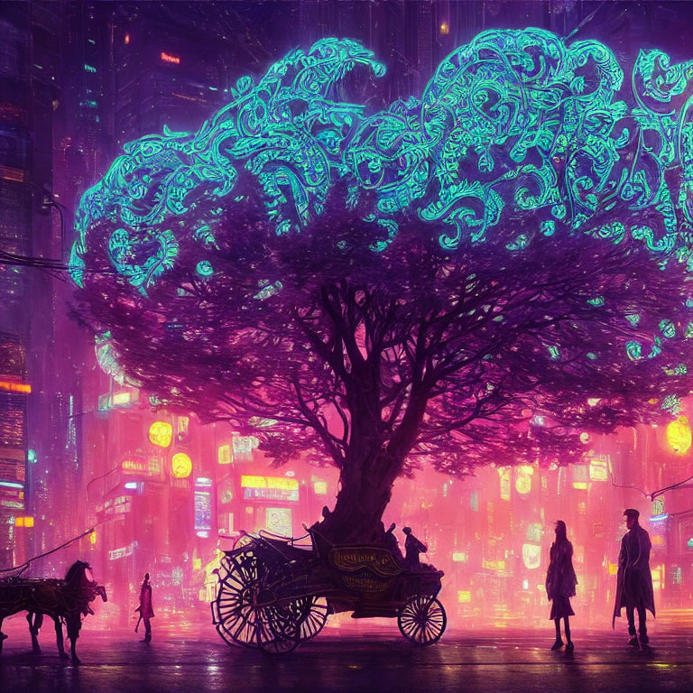 Neon-lit cityscape with glowing tree and figures