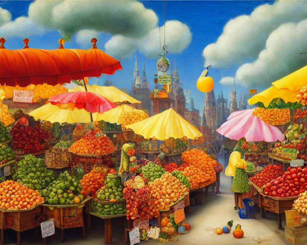 Colorful Fruit Market Painting with Umbrellas and Cityscape