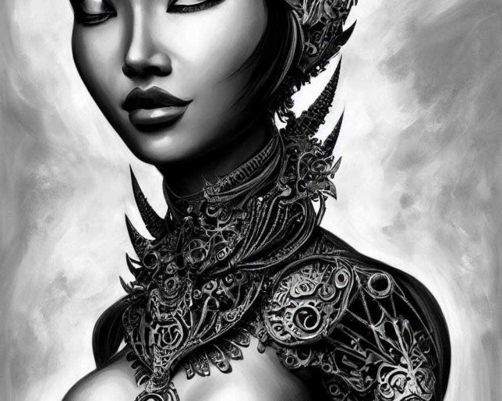 Detailed monochrome illustration of a woman in ornate headdress and armor with intricate patterns.