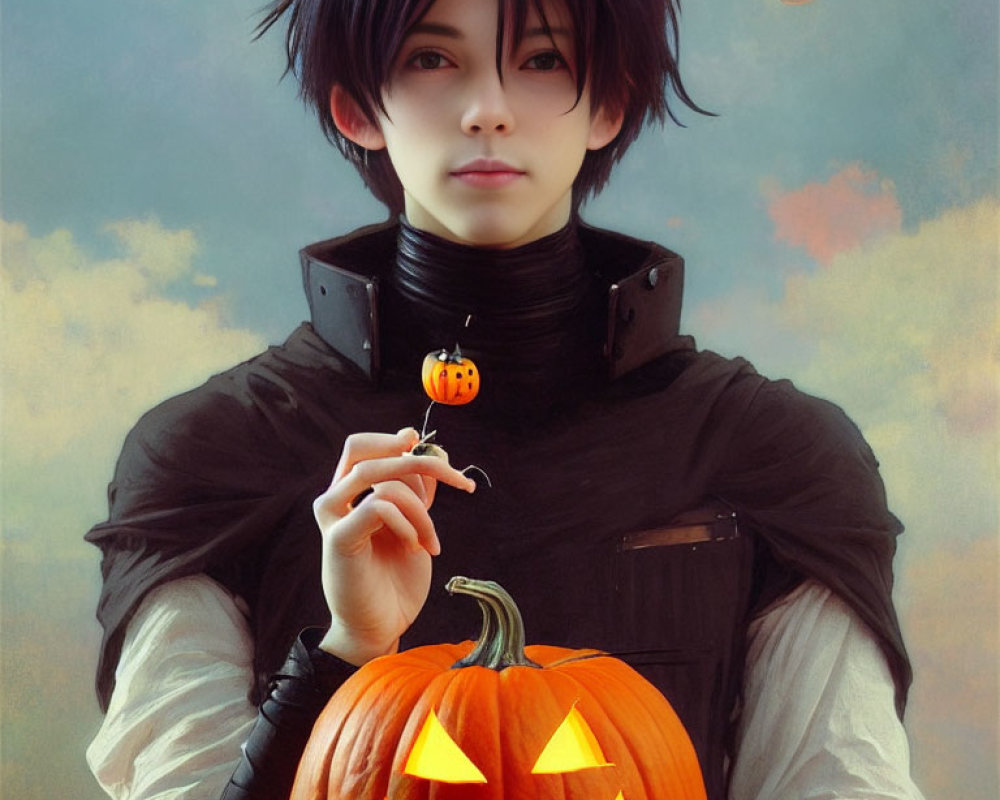 Black-haired person in turtleneck holding mini jack-o'-lantern with carved pumpkin and floating lights